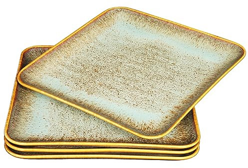 YA JU Lot de 4 assiettes en céramique - Plat principal pour steak, pain, risotto, pâtes, apéritif, micro-ondes, four et lave-vaisselle, résistant aux rayures (assiette carrée marron)