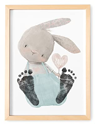 DEL MÀ Unique & Personal Fußabdruck Baby Tierbild mit Hase personalisiertes Bild für Fußabdrücke Babyzimmer Deko Kinderzimmer Neugeborenen Geschenk zur Geburt (OHNE FARBE | DIN A3)