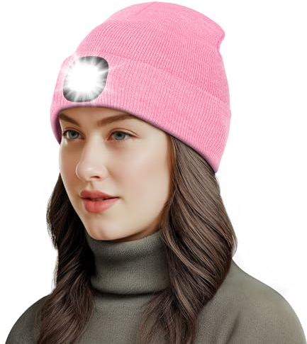 Richaa Geschenke für Frauen Weihnachten Mütze mit LED Licht Damen Wiederaufladbare LED Mütze Herren Winter Beanie Pink Stirnlampe Lustige Kleine Geschenke für Mama Freundin Paare Oma