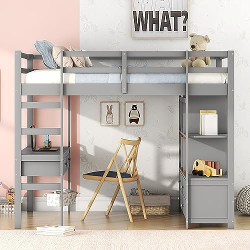 Moimhear 140 x 200 Kinderhochbett mit Stauraumschubladen und Unterbettschreibtisch, Grau