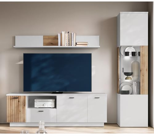 Wohnwand Wohnmöbel Set grau mit Eiche 3-teilig modern, 1 Lowboard, 1 Wandboard, 1 Vitrine inkl. Beleuchtung