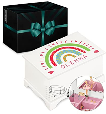 Maverton personalisierte Musik Schmuckdose mit Aufzieh-Spieluhr - Schmuckkästchen Ballerina - Musikspieldose für Mädchen zur Geburt - zum Geburtstag - zu Weihnachten - ohne Schublade - Regenbogen