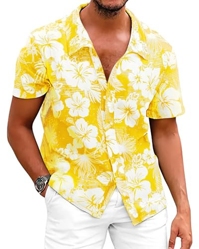 Fastkoala Hommes Chemise à Fleurs Hawaïennes Chemises Tropicales Plage Tops Holiday Summer Casual Button Down Jaune M
