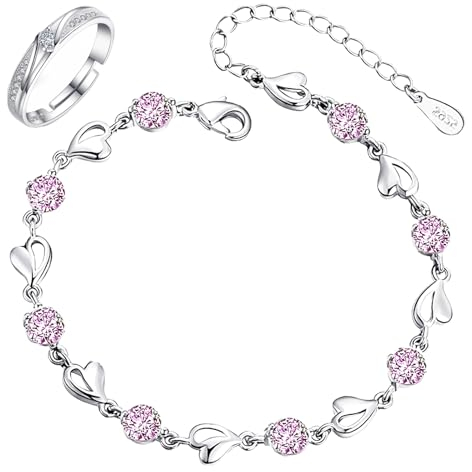Armband Silber 925 Damen, Armband Damen Silber 925 Armband Damen 925 Liebesherz Armband, Armband Silber 925 Verstellbares mit 1 Ring für Damen, Armkette Damen Silber 925 für Frauen und Mädchen(Rosa)