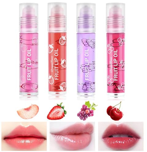 Glitzer-Lipgloss Aufrollen, Farblos Lipgloss Durchsichtig, Lip Shiner Roll-On, Lip Gloss Set, 4 Stück Stäbchen Fruity Moisturizing Lippenöl, Lip Gloss für Langanhaltend Glossy Pflegende Lippen