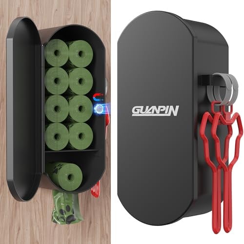 Dog Poop Bag Dispenser wall mount with 2Pcs Dog Poop Bag Holder, Steel Dog Bag Holder with Magnetic Door Closure, Indoor and Outdoor Poop Bag Dispenser, Holds 9-10Rolls, Dark Gray