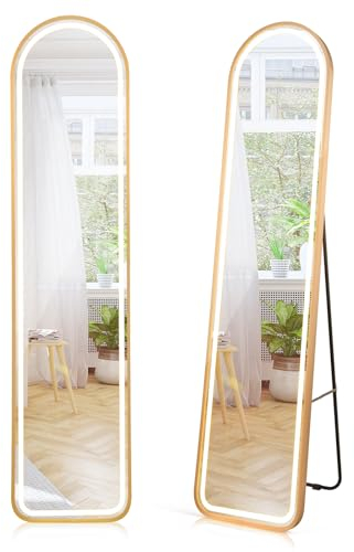 RELAX4LIFE Ganzkörperspiegel mit Beleuchtung, Standspiegel mit Dimmbarer 3 Lichtfarbe, LED Wandspiegel mit Goldenem Aluminiumrahmen & Touch-Schalter, 155 x 37cm