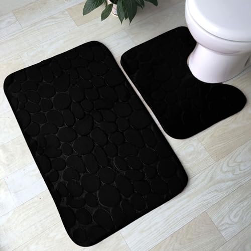 LIZZIE JACOBS 2 Pieces Pebble Bath Mat Non Slip Pedestal Set Extra Absorbent 100% Memory Foam Bathroom Mat Extra Soft Comfortable Easy To Clean Bathroom Rugs (Black)