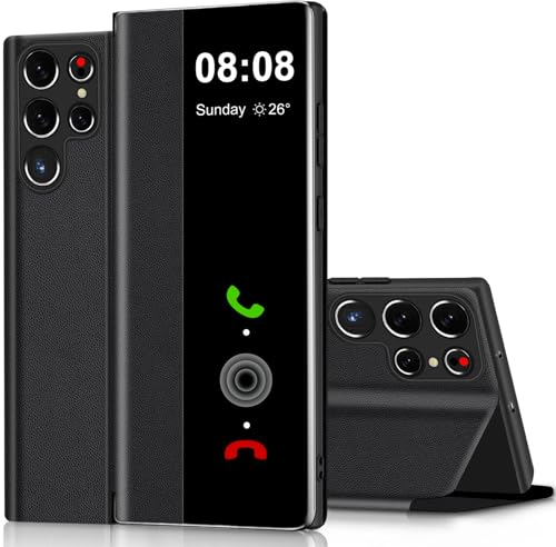 Handyhülle für Samsung Galaxy S24 Ultra 5G Hülle Clear View, für Samsung Galaxy S24 Ultra Hülle mit Ständer Klappbar Touchscreen View Flip Extra-Dünn Leder Schutzhülle Case, Cover Clear S View