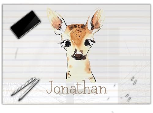 Schreibtischunterlage personalisiert mit Namen | wasserfeste Schreibunterlage, abwischbar, glatt | stabiles, hochwertiges Acrylglas, Kinder Kunststoff Tiere | 60x40cm 24- Reh