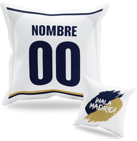 Cojín Personalizado Fútbol - Diseño Doble Cara con Relleno Incluido - Regalo Original Aficionados del Fútbol - Regalo Camiseta Equipo Fútbol - Apto para Lavadora (Madrid, 35 x 35 cm)