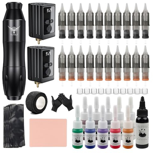 TATELF Complete Maschine Set Drahtloser mit 2 Stück Battery 20 Patronen Nadel 11 Tinte 100pcs Stift Abdeckungen Komplettes Zubehör für Anfänger und Künstler