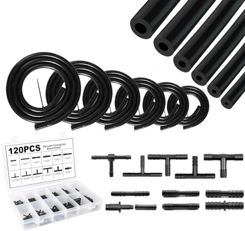 Tuyau à vide en silicone avec 12 tailles 120PCS connecteur en nylon, 3/4/5/6/8/10mm ID,2M 6PSC 130PSI Kit de tuyau à vide en silicone pour l'automobile (3mm+4mm+5mm+6mm+8mm+10mm+Connector)