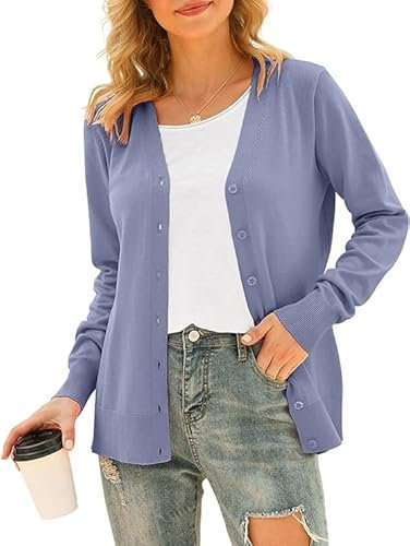 Yommay Cardigan da donna, autunno, inverno, morbido, leggero, a maniche lunghe, casual, con scollo a V, con bottone, A01 viola grigio, XXL