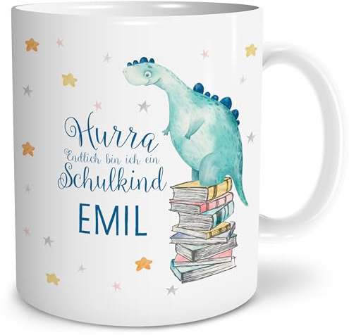 OWLBOOK® Tasse Schulkind | Einschulung Junge | Einschulung Mädchen | Einschulungs Geschenk Jungen Mädchen personalisiert | Hurra endlich Schulkind Dino | Keramik 300 ml
