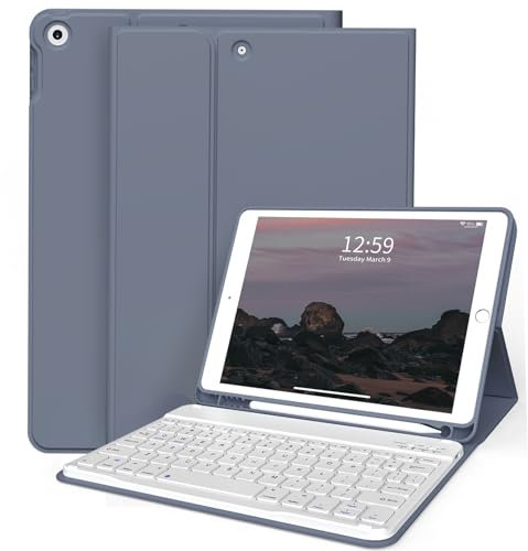 ZKTUYU Keyboard Case for iPad 9th/8th/7th Generation 10.2 inch 2021/2020/2019 with Pencil Holder, Stand Folio Detachable Wireless Bluetooth Keyboard Cover, Soft TPU Back Smart Case, Purple