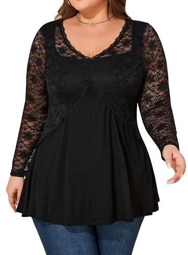 unewmy Black Lace V-Neck Ruffle Tops for Plus Size Women Long Sleeve Elegant Formal Party T-Shirt Tunic Blouse UK 18-28