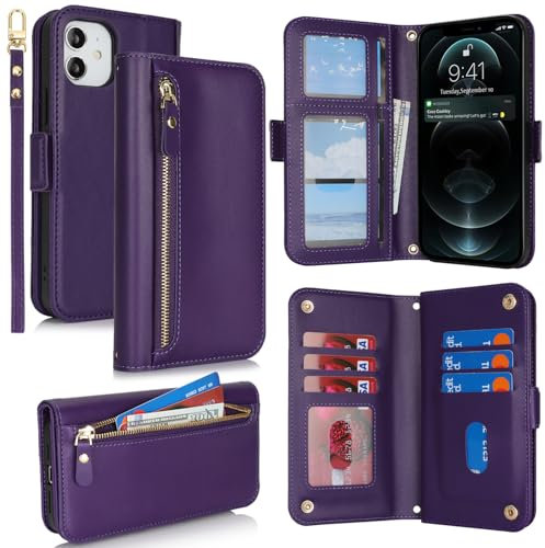 SailorTech for iPhone 12 Phone Case Wallet with Card Holder for Women, iPhone 12 Pro Wallet Case with Credit Card Slots Flip Case Zipper Shockproof Case for Men - Purple