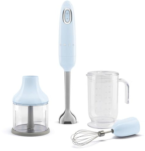 Smeg HBF03PBUK 50s Style Hand Blender with Accessories, Variable Speed, Turbo Function, 700W, Pastel Blue