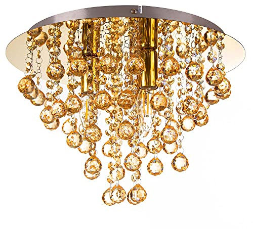 Nowa Kristall Deckenleuchte gold Kristall Deckenlampe gold Kronenleuchter Deckenlampe Schlafzimmer, Metall poliert, Glas, 3x E14, DxH 38x26 cm