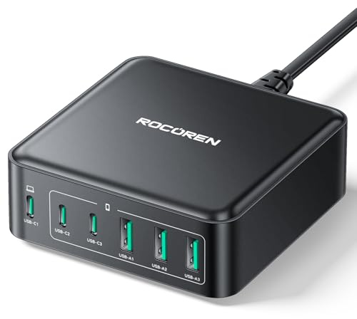 Rocoren USB C Ladegerät 160W Mehrfach PD65W GaN USB Ladestation Schnellladegerät mit 3 USB-A und 3 USB-C Netzteil für Laptop, MacBook, iPad, iPhone 16/15/14, Sumsung, Pixel usw [2025 Aufgerüstet]