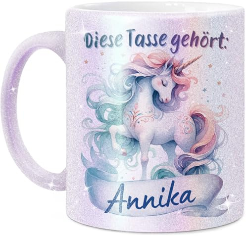 Tassenliebling® Einhorn Glitzer Tasse personalisiert - Kindertasse mit Namen für Mädchen - Perlmutt - Einhorn Geschenke - Personalisierte Geschenke Kinder - Kinderbecher aus Keramik 330ml