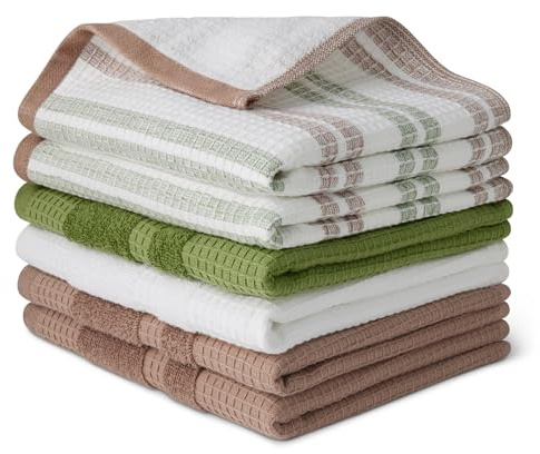Amazon Basics Waffel-Geschirrtücher aus 100% Bio-Baumwolle - Hochsaugfähig, Schnelltrocknend, Fusselfrei Küchentücher, 38 x 64 cm, 6er-Set (Sortiert Grün, Braun, Weiß)