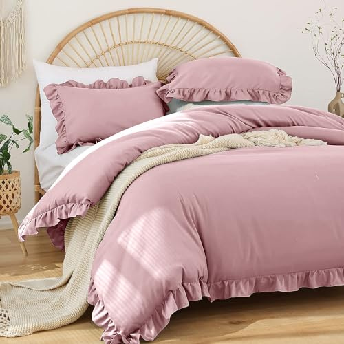 Covebett Rüschen Bettwäsche 200x220 Rosa Uni Romantische Rüschenbettwäsche Set Pink Weich Bettbezug Renforce Mikrofaser Doppelbett Deckenbezug mit 2 Kissenbezug 80x80 cm Reißverschluss