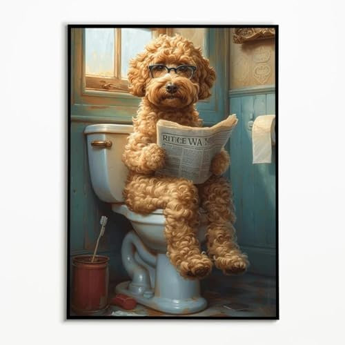 ZHAOLIN Impression sur toile moderne Goldendoodle sur les toilettes, animaux, peinture amusante, affiches pour salon, salle de bain, décoration d'intérieur, 60 x 90 cm, sans cadre