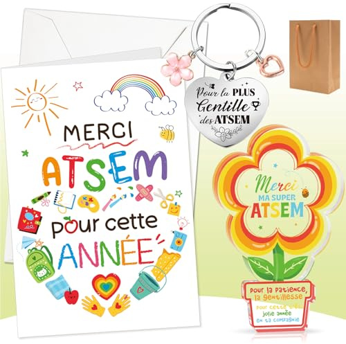 DPKOW Idée Cadeau Maternelle ATSEM Merci Carte avec Enveloppe Porte-Clé ATSEM Plaque Acrylique Cadeau ATSEM d'École Fin d'Année Goodies Décoration, Merci pour Cette Année Gadget