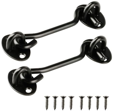 RUGLAMZHIP 2 Pcs Gate Hook and Eye Latch, 4 Inch Black Cabin Hooks, Heavy Duty Stainless Steel Door Lock Hook for Wooden Gates Doors Sheds Sliding Doors Window Closet Barn Door Hooks, with Screws