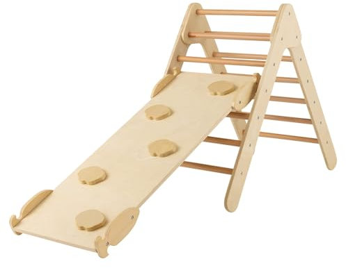 FANTASK Triangolo da arrampicata con scivolo, struttura da arrampicata per interni a partire da 1 anno, rampa da arrampicata in legno (naturale)