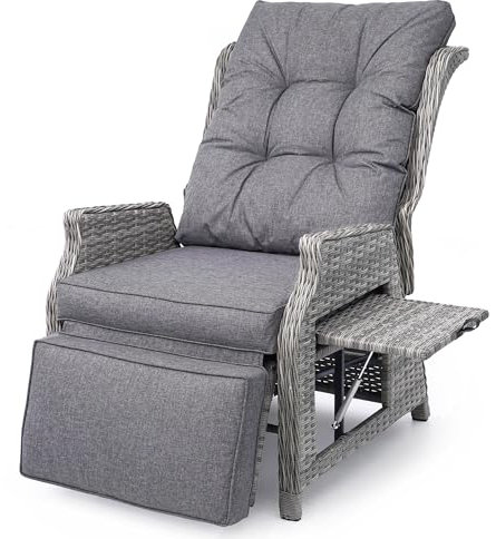 COMLAX FIELD Garden Recliner Chairs, Rattan Reclining Sunlounger with Thick Cushions, Adjustable Sun Lounger with Flip Table, Garden Conservatory Furniture, Dark Grey