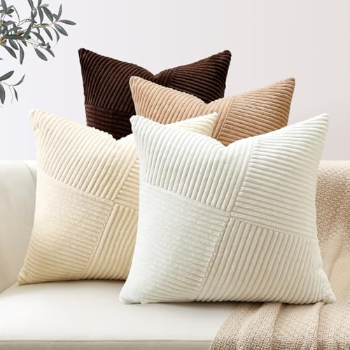 Sungeek 4er Set Cord Kissenbezüge, Windmühle Streifen Kordsamt Kissenbezug Sofakissen Dekokissen Patchwork Design Deko Zierkissenbezüge Kissenhülle für Wohnzimmer (45x45cm, Braun Creme Weiß)
