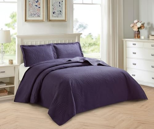 PRIME LINENS 3 Piece Quilted Bedspread Embossed Leaf Pattern Bedding Set Bed Throw with Pillow Cases Machine Washable (Aubergine, Double)