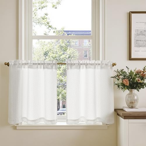 TOPICK Blickdicht Scheibengardinen Waffe Bistrogardine 2er Set H60xB65 Weiß | Verdunkelung Küchenvorhänge modern Lichtdurchlässig Schrank Kurzgardine Küchfenster landhausstil küchengardine fenstergardine