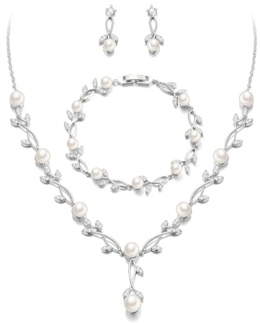 EVER FAITH Schmuck Set für die Braut, weiß Silber-Ton kubischer Zirkonia simulierte Perle Blatt filigran Prom Party Halskette Ohrringe Armband Sets für Damen passen Hochzeitskleid