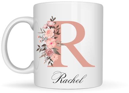 Personalised Mug with Initial & Name – Printed on Both Sides, Custom Coffee Mug 11oz Ceramic Cup, Monogram Letter Gift for Women, Mom, Dad, Friends, Birthday, Christmas, Valentine’s Day (Rose Gold)