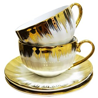 Vitrignis Porcelain Tea Cups Set of 2 - Ceramic Coffee Cup (210 Ml) with Saucers - Ceramic Mugs for Home and Restaurants, Valentines Mothers Birthday for Women Men Friend
