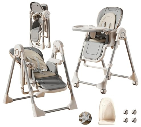 MoLi PU-Leder Hochstuhl, Hochstuhl mit Schaukelfunktion, Kinderhochstuhl der Sich in Einen Schaukelstuhl Verwandeln Lässt, Verstellbarer Sitz Hochstühle (X8121 Grey)