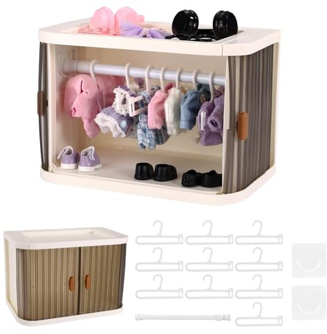 Klappbare Puppen Kleiderschachtel Inkl Kleiderbügeln, Haken & Stange Stapelbare Aufbewahrungsbox für Kleidung & Zubehör von 15/17cm Puppen