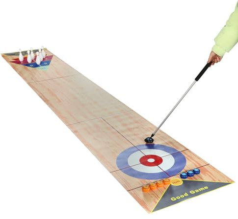 3-In-1 Tischspiel Set, Shuffleboard Bowling Curling Spiel Familienspiel Tragbares Inkl. 2 Schubstangen & 8 Curling & 6 Bowling-Pins, Tabelle Top Games für Zuhause Büro Party