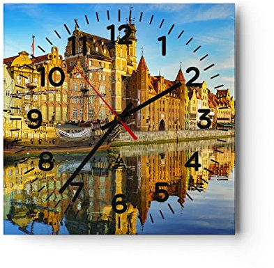 Modern Wanduhr Schiff Fluss Architektur Geschichte 40x40cm Quadrat Groß Wand Uhr Glas Analog Zimmeruhren Küche Büro Wohnzimmer Glasuhr Wall Clock Dekoration Design Küchenuhr C4AC40x40-3202