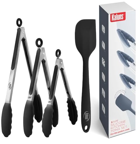 Kaluns Küchenzangen zum Kochen, Grillen, 4er-Set, Grillzange mit Silikonspitze, Edelstahl, hitzebeständig, antihaftbeschichtet, inkl. 17,8 cm, 22,9 cm, 30,5 cm Zange plus Silikonspatel
