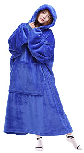 Waitu Tragbare Decke, Sweatshirt, Geschenke für Frauen und Männer, super warme und gemütliche Riesendecke, Hoodie, Dicke Flanelldecke mit Ärmeln und riesiger Tasche – Blau