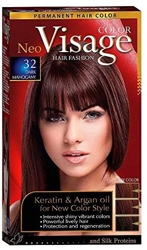Visage Hair Fashion - Tinte permanente para el cabello, color 32 caoba oscuro, crema de color permanente con queratina y aceite de argán