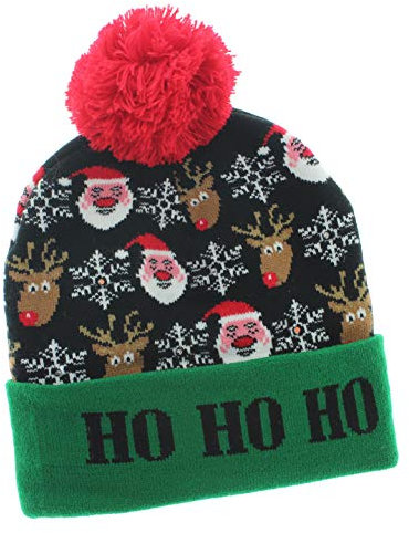 MIK funshopping Lustige Weihnachtsmütze Pudel-Mütze Beanie-Hat mit PomPom und LED Licht (Ho Ho Ho)