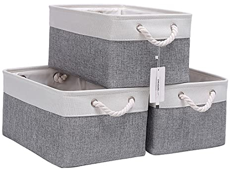 CREADARD Fabric Storage Basket Set of 3, Foldable Linen Storage Box for Nursery and Home, Collapsible Canvas Shelf Basket for Wardrobe or Bedroom, Grey and White