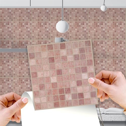 WALPLUS Pink Tile Stickers Self Adhesive Wall Tiles 15x15cm(6) Stick on Tiles Kitchen Removable Self Adhesive Tiles for Walls Vintage Pink Marble Mosaic Kitchen Tile Stickers 24 Pieces