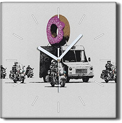 Coloray Uhr auf Leinwand Wand Uhr 30x30cm Ohne tickendes Geräusch Dekoration Wohnzimmer Segeltuch - Donuts Polizei Banksy